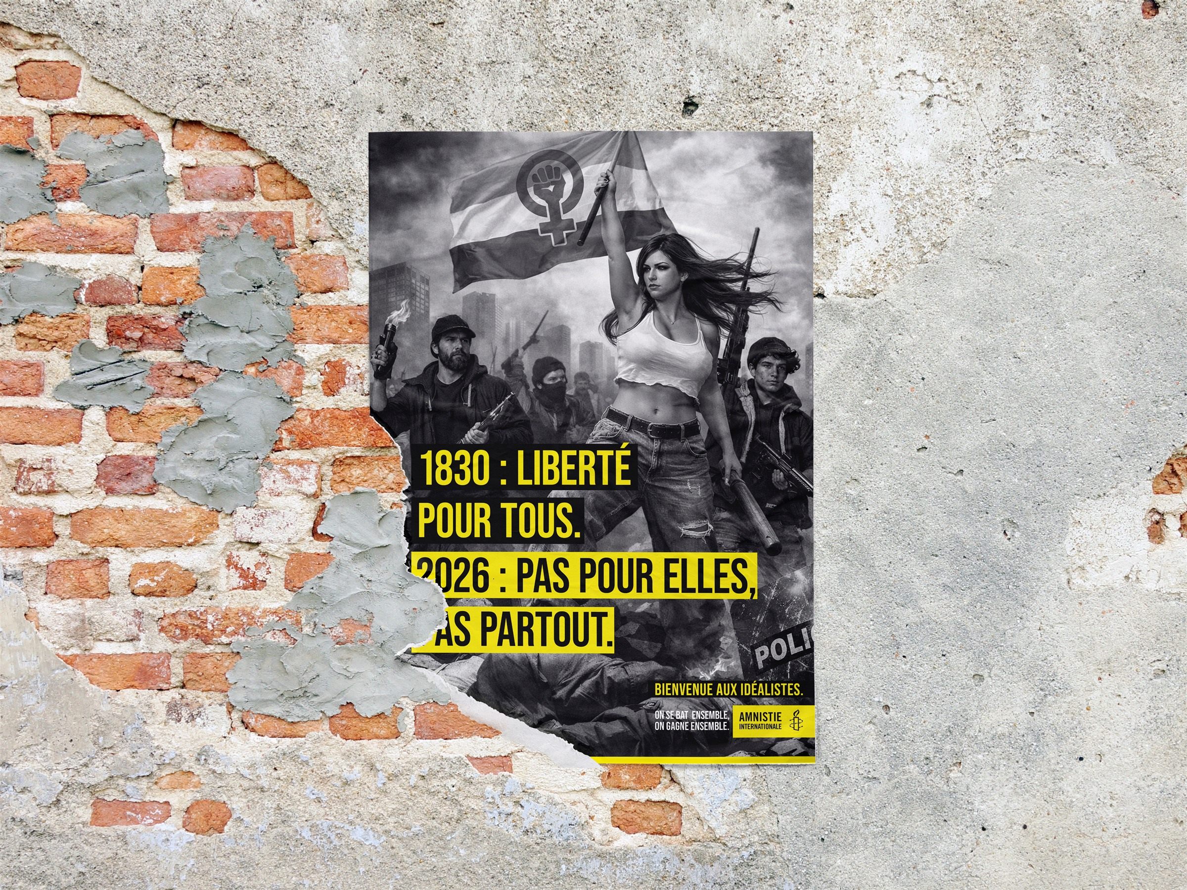 Affiche Amnesty International reprenant La Liberté guidant le peuple de Delacroix, avec le message : 1830 liberté pour tous, 2026 pas pour elles, pas partout