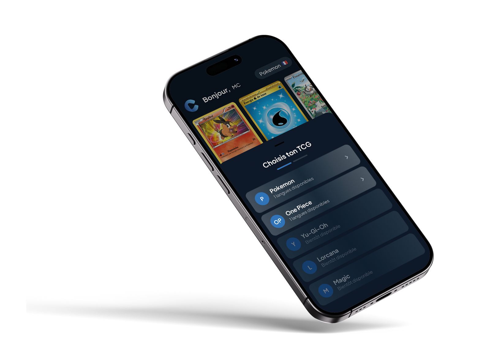 Écran de sélection des jeux de cartes (TCG) dans l'application Cardzia : Pokémon, One Piece, Yu-Gi-Oh, Lorcana, Magic