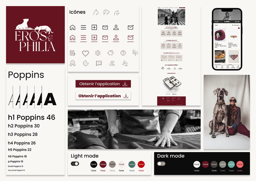 Bento box présentant le design system Eros & Philia : logo, typographie Poppins, icônes, mode clair/sombre et écrans de l'application