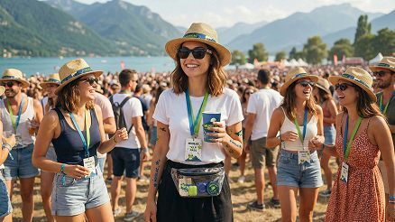 Festivalières portant le chapeau de paille et le bracelet Musilac au bord du lac d'Aix-les-Bains