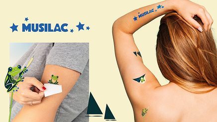 Tatouages éphémères Musilac (grenouille et voiliers), goodie de la campagne du festival