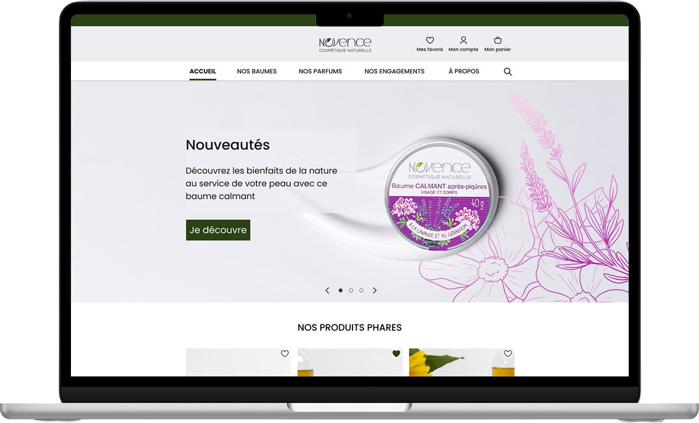 Page d'accueil du site e-commerce Novence sur ordinateur portable