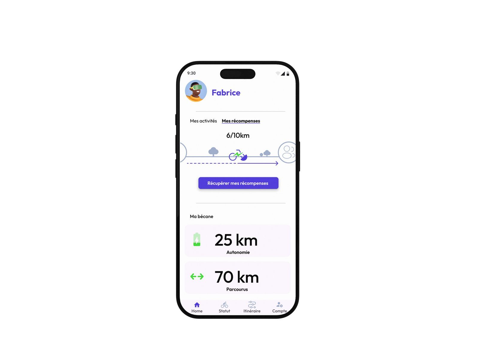 Écran d'accueil de l'application mobile Vertigo : autonomie, kilomètres parcourus et récompenses