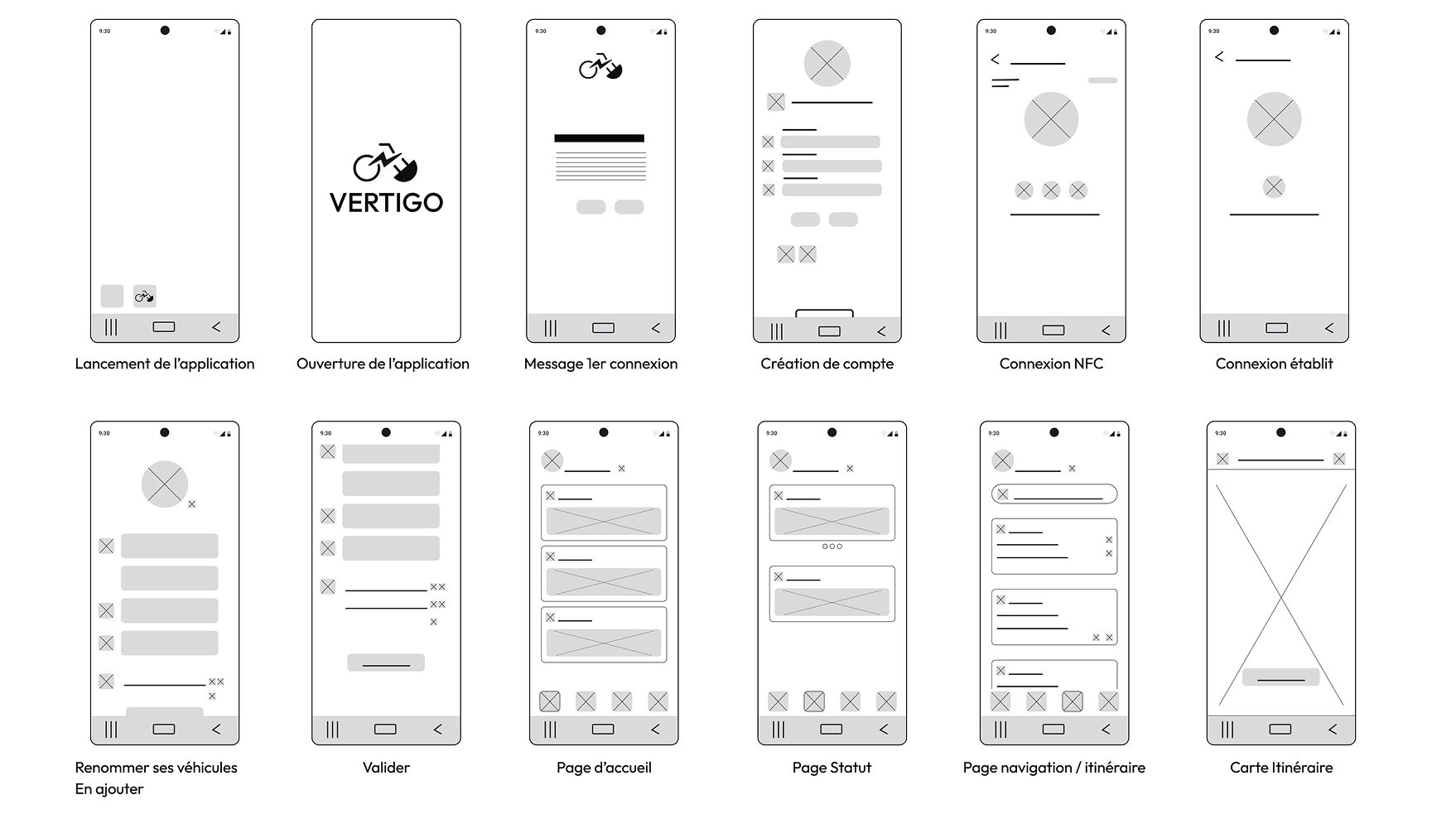 Wireframes basse fidélité de l'application Vertigo